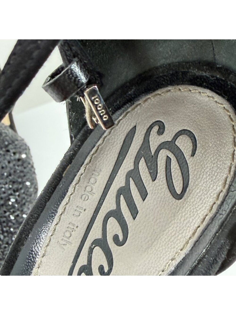 GUCCI Sofia Black Suede Crystal Embellished Heels Ankle Strap Platform Size 37 - Picture 12 of 16